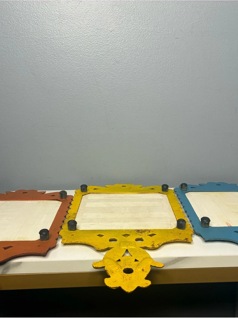 Set of 4 Vintage Italian Fruit Preserve Tile Trivets Cast Metal Frames